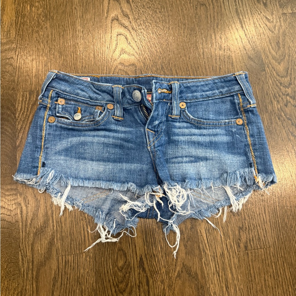 True Religion Blue Frayed Hem Jean Shorts
